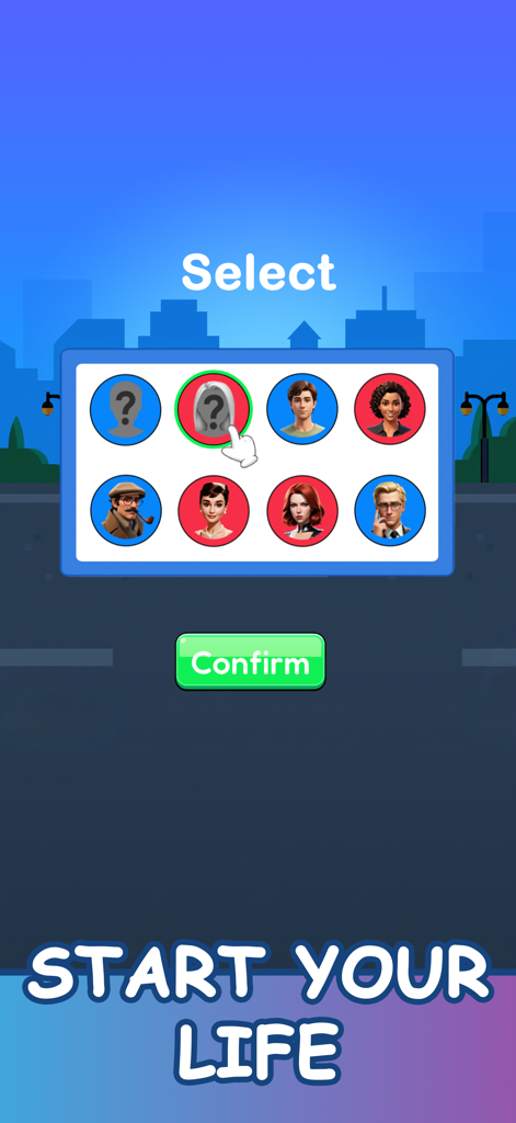 Family Sim: Life Simulator - Charakterauswahlmenü in Family Sim Life Simulator, das verschiedene Avatare zeigt