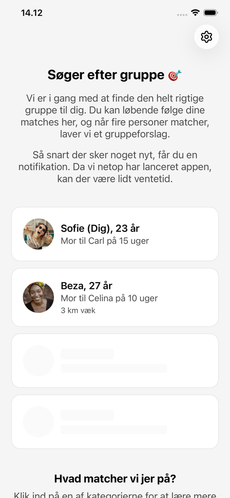 POPPY - Interfaz de la app POPPY mostrando coincidencias de perfiles para un nuevo grupo de comunidad de padres