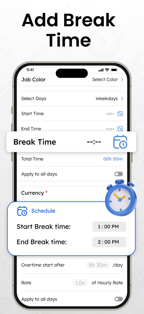 Interface de aplicativo móvel mostrando como adicionar horários de intervalo a um cronograma de trabalho.
