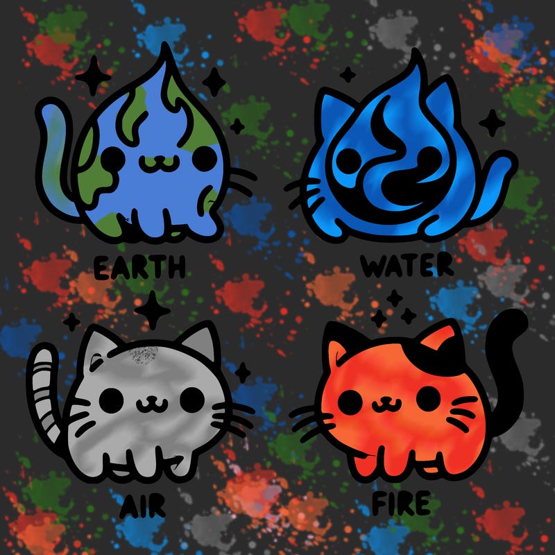 4 cats that represent the different elements, earth, water, air, and fire