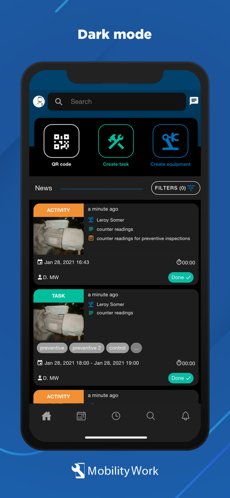 Mobility Work - Interface de l'application mobile Mobility Work en mode sombre, montrant le flux d'activité des tâches de maintenance et les actions rapides pour les QR codes et la création de tâches.