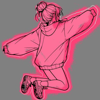 realistic girl jumping with a bun and oversized sweatshirt