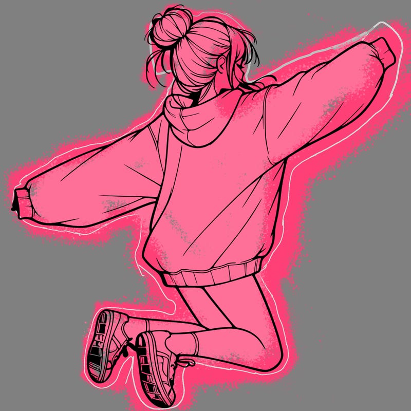 realistic girl jumping with a bun and oversized sweatshirt