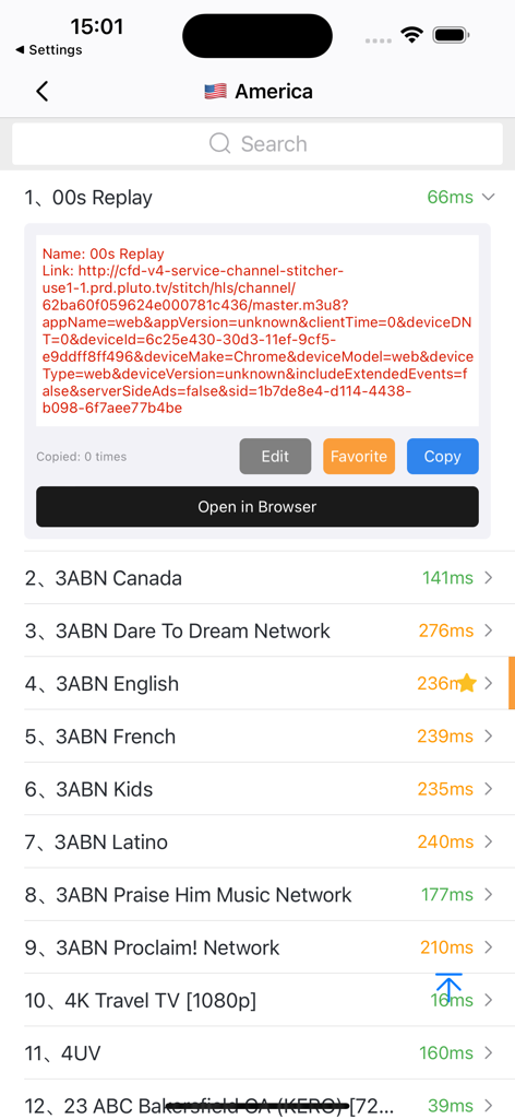 NetTV app screen showing a list of American TV channels and stream link information.