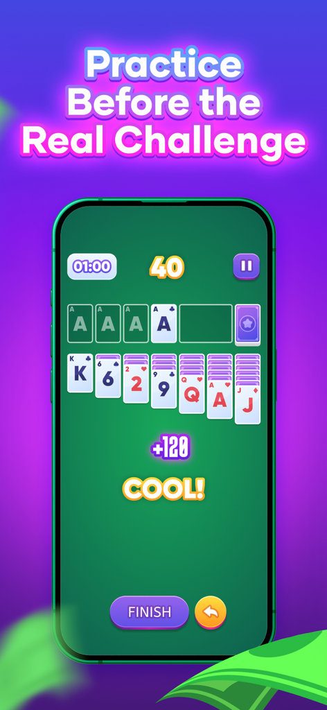 Solitaire game interface on Thrillz mobile app featuring practice mode and gameplay scoring