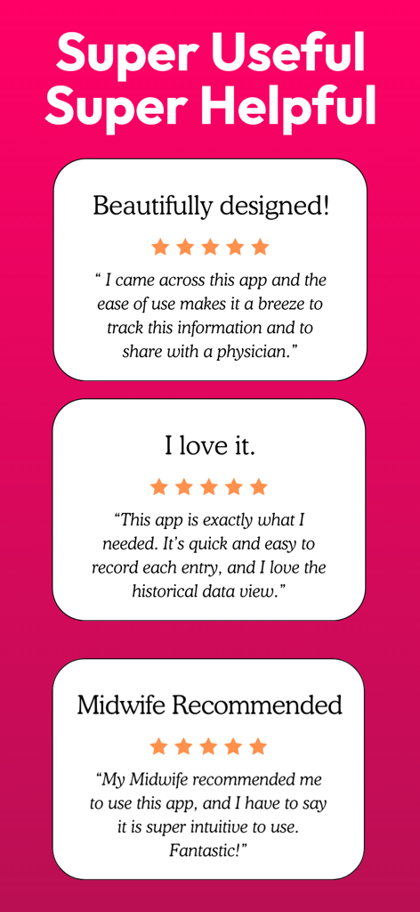 Una pantalla rosa que muestra tres testimonios positivos de usuarios con cinco estrellas y una recomendación de matrona para la aplicación Pumping Tracker.