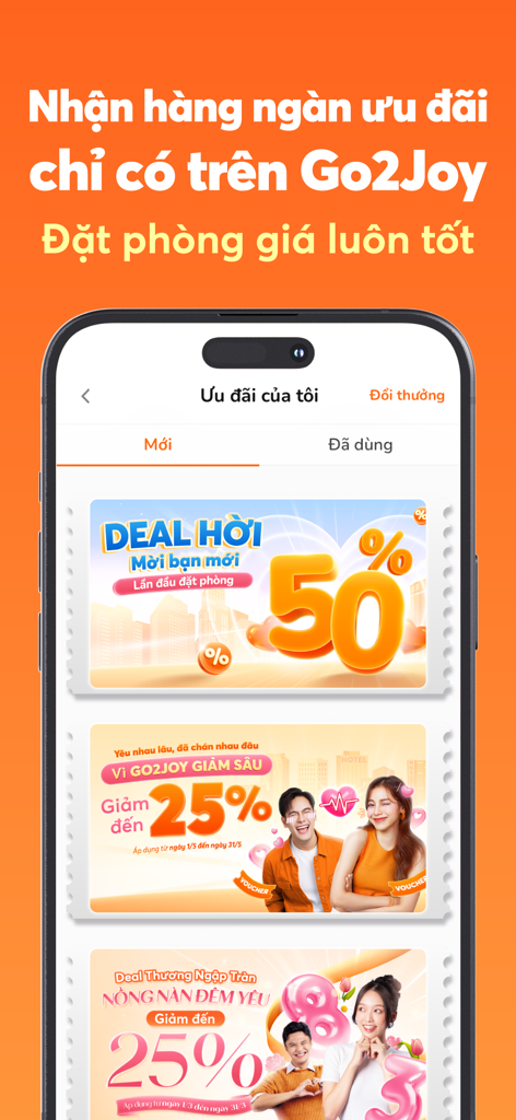 Go2Joy - Đặt phòng theo giờ - Écran de l'application mobile Go2Joy affichant une liste de bons de réduction exclusifs et d'offres de réservation d'hôtel