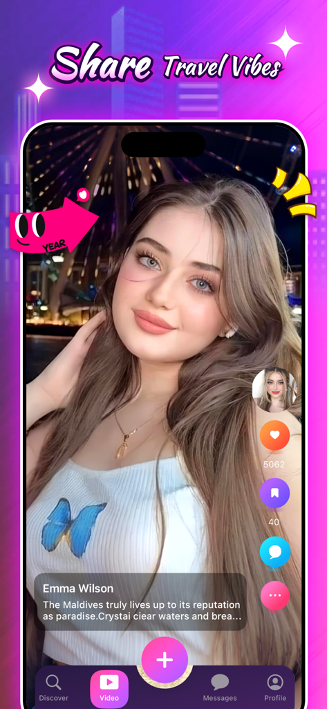 Trilux - Video&Social - Una captura de pantalla móvil que muestra el feed de vídeo inmersivo de la aplicación Trilux con un vlog de viajes e iconos de interacción social