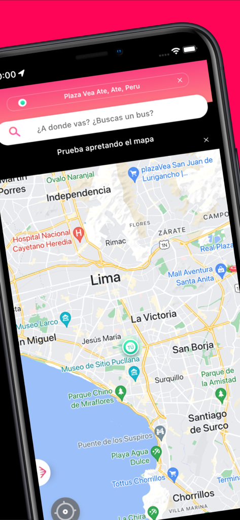 TuRuta (antes TuMicro) - Smartphone screen showing a map of Lima Peru within the TuRuta app for navigating public transport