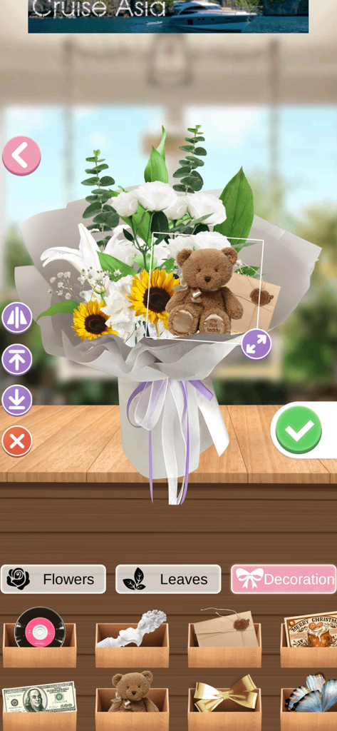 A digital interface showing a flower bouquet with sunflowers and a teddy bear being customized with various decorative items
