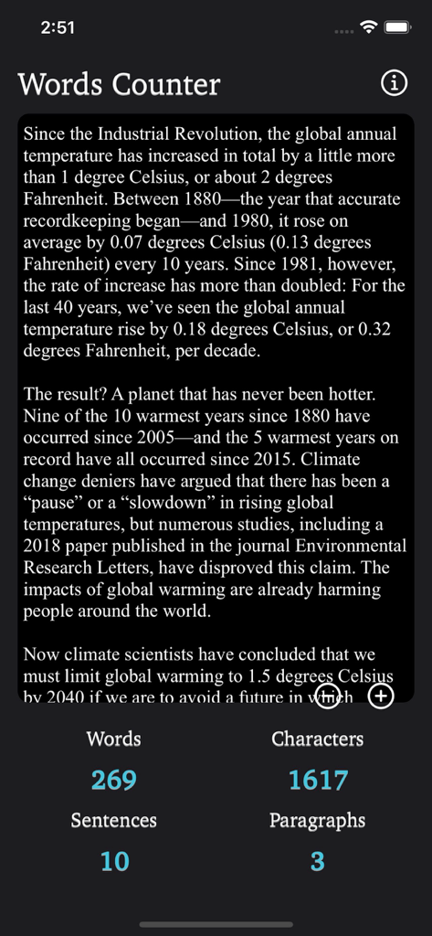 Words Counter Plus app showing word character sentence and paragraph counts for an article in dark mode