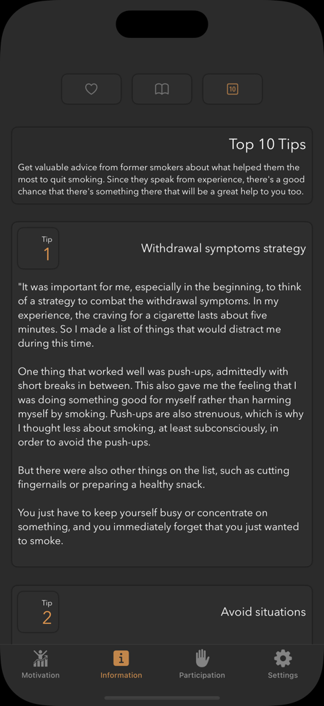 A screenshot of the Smoke Free app showing a strategy for managing withdrawal symptoms and cravings.
