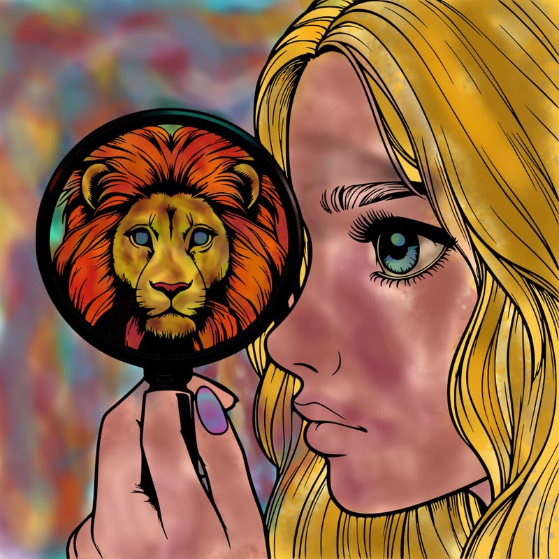 a realistic girl looking through a lion's eye