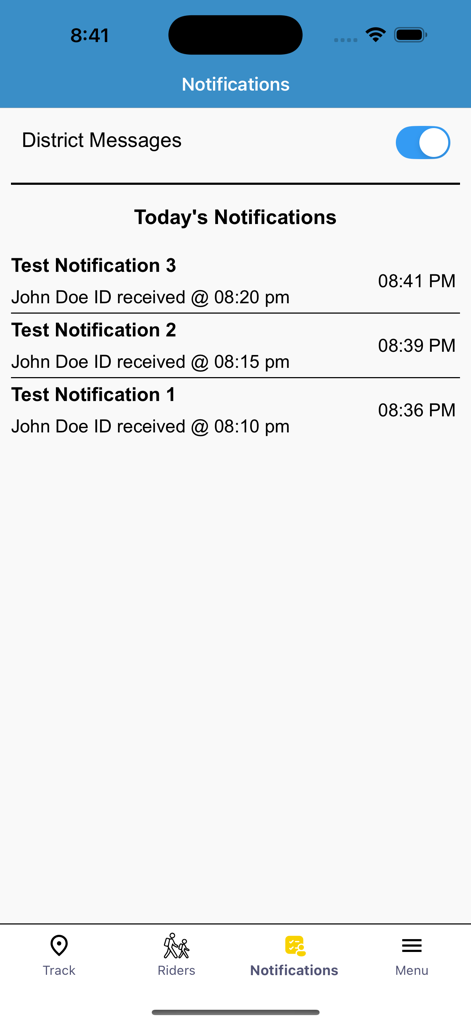 Schermata delle notifiche dell'app WheresTheBus che mostra la cronologia delle scansioni dell'ID studente e i messaggi del distretto scolastico