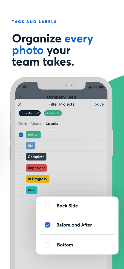 CompanyCam - Un'interfaccia mobile dell'app CompanyCam che mostra il filtraggio dei progetti con etichette personalizzate come Attivo, Offerta e Completato per foto di cantieri organizzate.