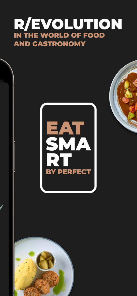 EatSmart by Perfect - EatSmart by Perfect app introductory screen with logo and fresh food plates