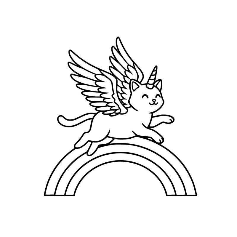 a cat with a unicorn horn running over a rainbow with open wings