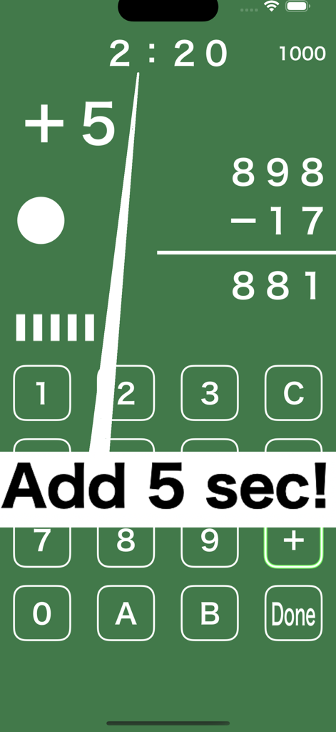 Math quiz / Calculator quiz - Math quiz interface with a subtraction problem and a five second time bonus