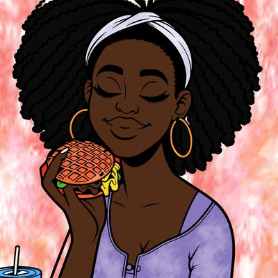 an african american woman eating a waffle burger realistic