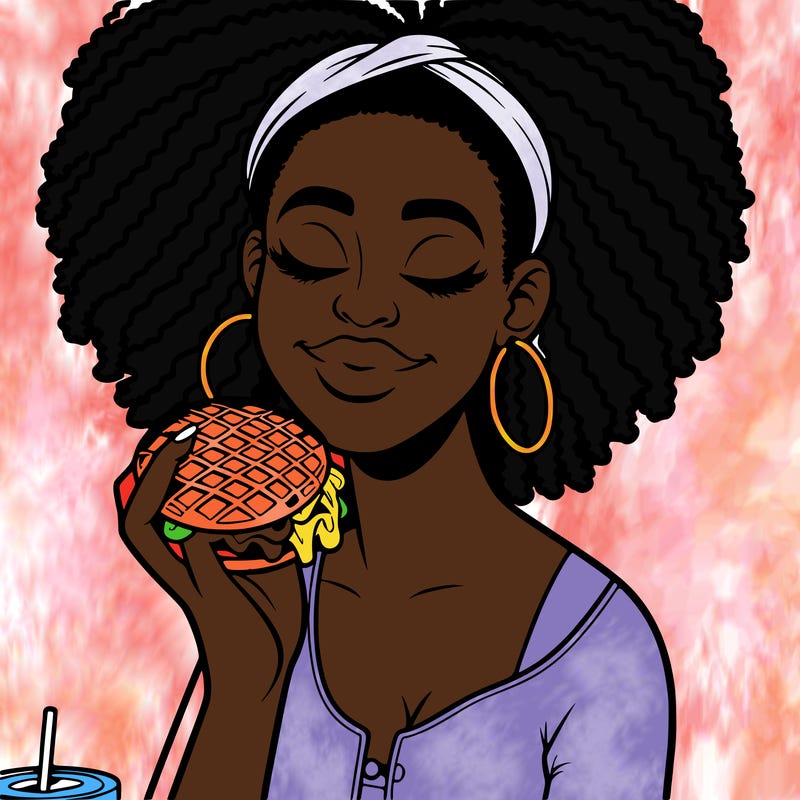 an african american woman eating a waffle burger realistic