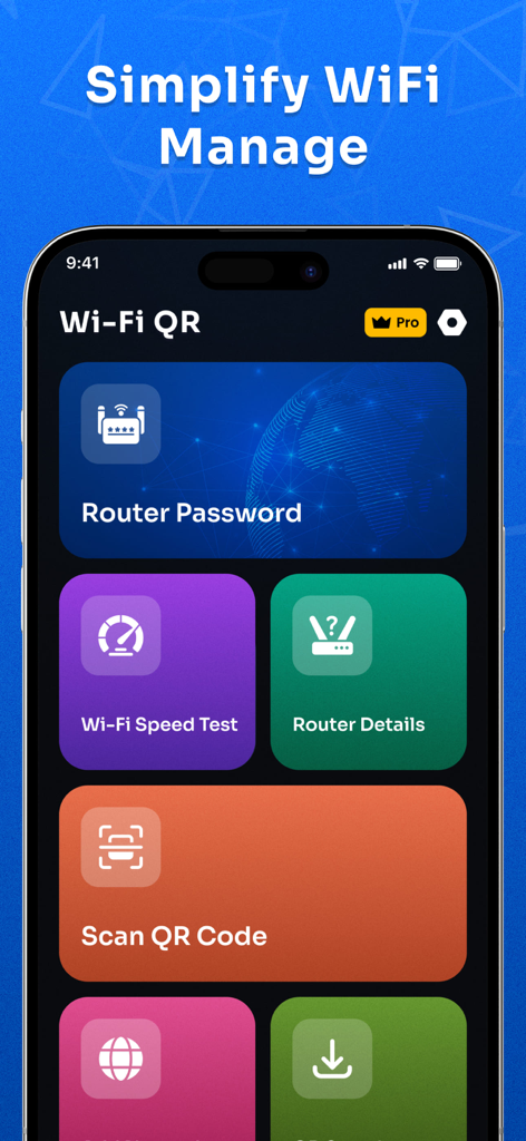 Interface of Wifi Share Manager app showing options for speed test router details and QR code scanning
