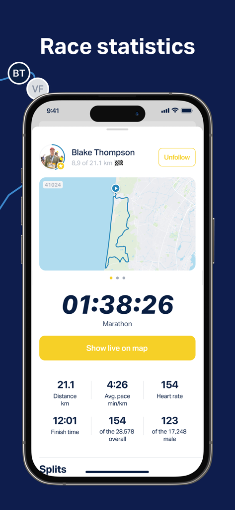 Interface de l'application Runporto affichant les statistiques de course, y compris une carte de parcours, l'heure actuelle et des métriques de coureur comme le rythme et la fréquence cardiaque.