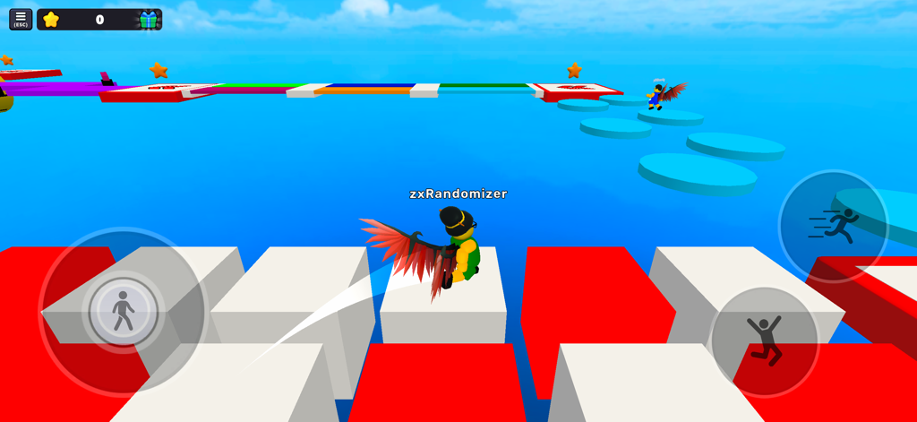 Customized character with red wings jumping on colorful platforms in a 3D obby parkour game