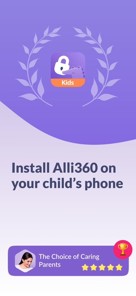 Promotional screen for Alli360 app instructing to install on child's phone with a five star review banner