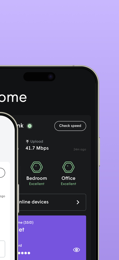 Plume Home app interface showing WiFi network speed and status for bedroom and office pods