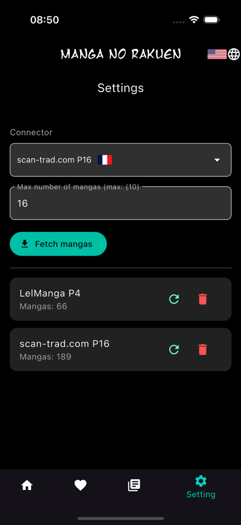 Manga No Rakuen - Pantalla de configuración de la aplicación Manga No Rakuen para gestionar fuentes y conectores de manga.