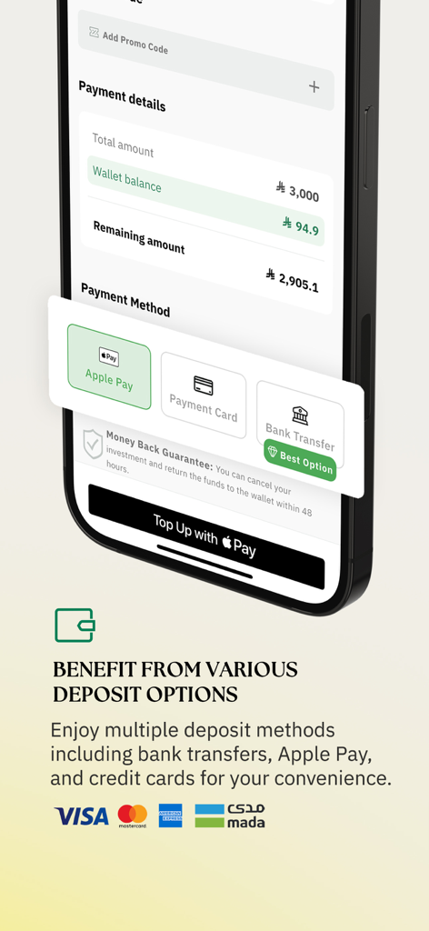 Safqah Capital | صفقة المالية - Écran des options de paiement et de dépôt de l'application mobile Safqah Capital