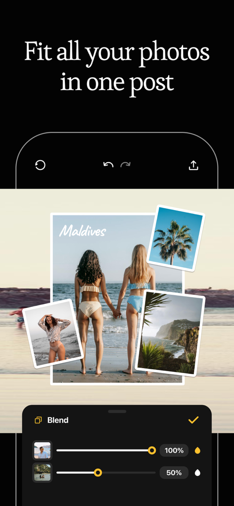 Blend: Combine Photo Layers - A mobile app interface displaying a multi-photo travel collage with layer blending tools and opacity sliders.