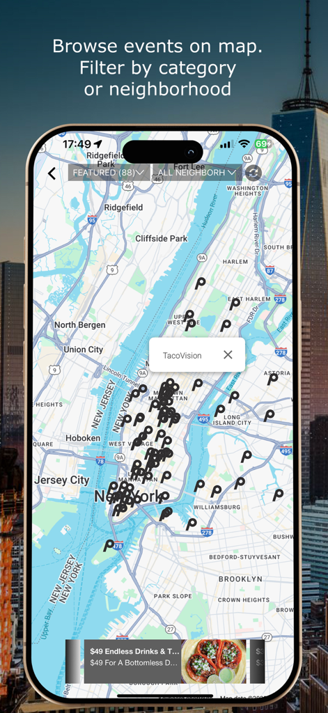 pulsd - The Best of New York - The pulsd app map interface showing various curated lifestyle events and deals across New York City