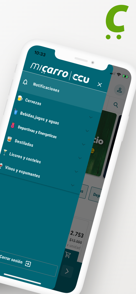 Mi Carro CCU - Menu laterale dell'app Mi Carro CCU che mostra le categorie di bevande per l'approvvigionamento commerciale