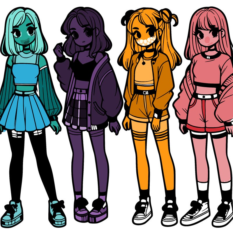 one girl with crop-top shirt and a jacket with a skirt, long socks and another girl with a shirt and pants with a jacket