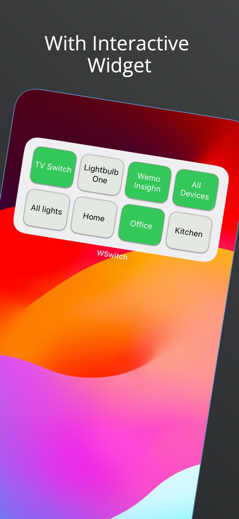 WSwitch interactive widget on iOS home screen showing quick controls for smart home devices like TV, lights, and office rooms