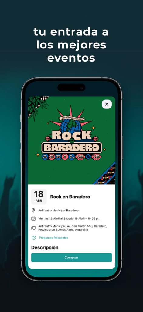 Schermata di uno smartphone che mostra i dettagli dell'evento Rock en Baradero sull'app di biglietteria Livepass Argentina