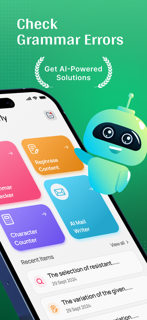 Interfaz de la aplicación Corrector de Gramática mostrando las herramientas Escritor de Correos Electrónicos y Reformulación de IA con una mascota robot amigable