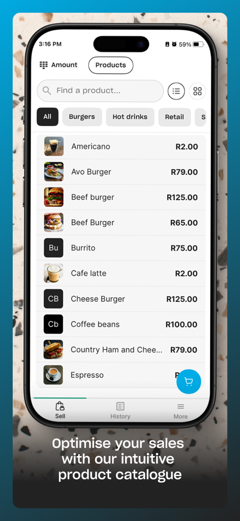 Yoco Point of Sale (POS) - Yoco POS mobile app product catalogue and inventory screen