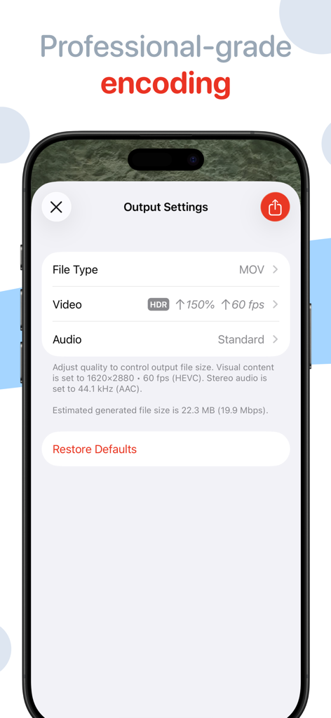 Emulsio 5 › Video Enhancer - Professional video encoding settings in Emulsio 5 for adjusting file type, frame rate, and resolution.