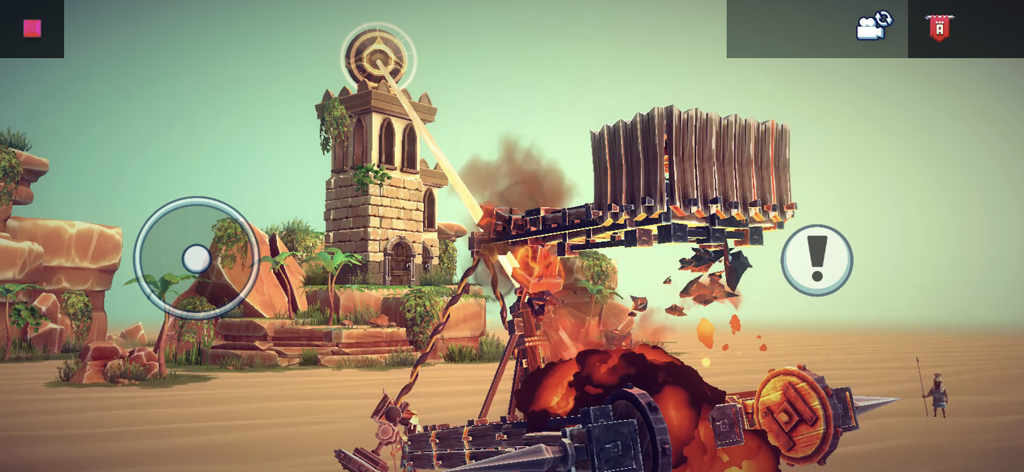 Besiege Mobile - Besiege Mobileゲームの石塔の近くで爆発する、物理ベースの木製攻城兵器。