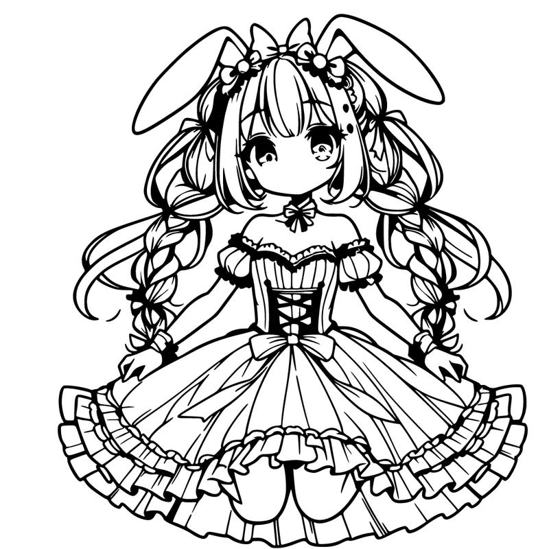 anime girl with bunny, ears in beautiful dress and pigtails