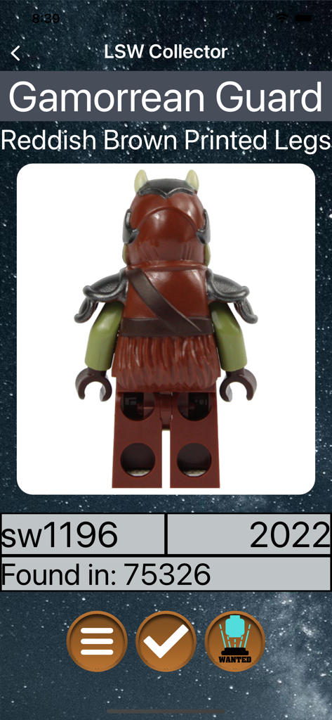 LSW Collector app screen showing details for a Gamorrean Guard LEGO Star Wars minifigure with ID sw1196