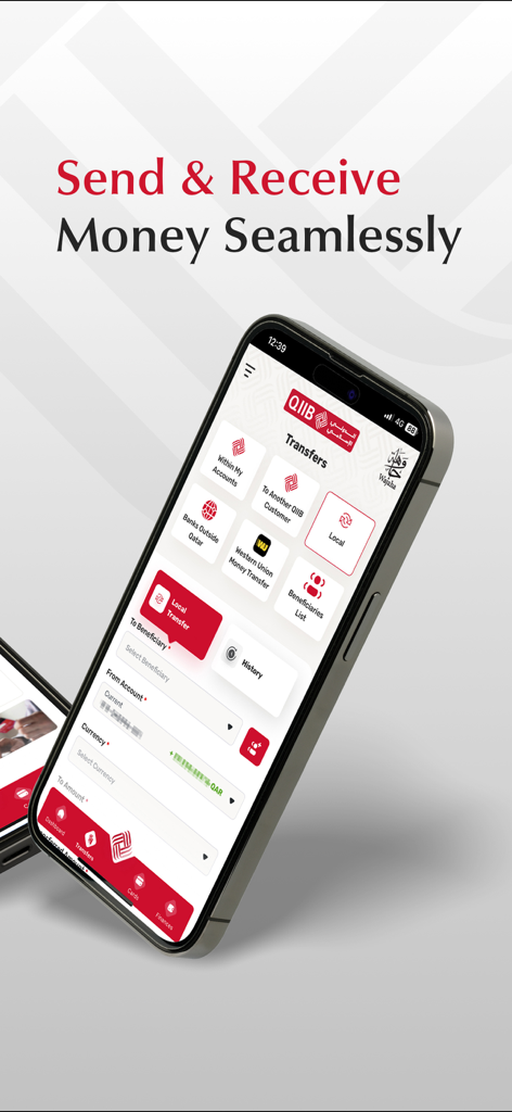 QIIB Mobile - Smartphone displaying the QIIB Mobile app money transfer interface