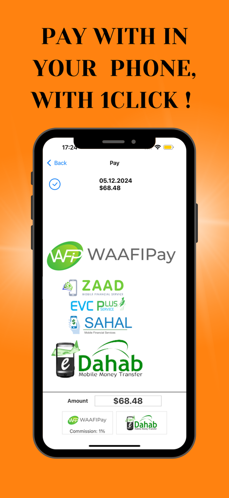 1 Click - To Shop - Payment screen of the 1 Click To Shop app displaying various mobile payment methods