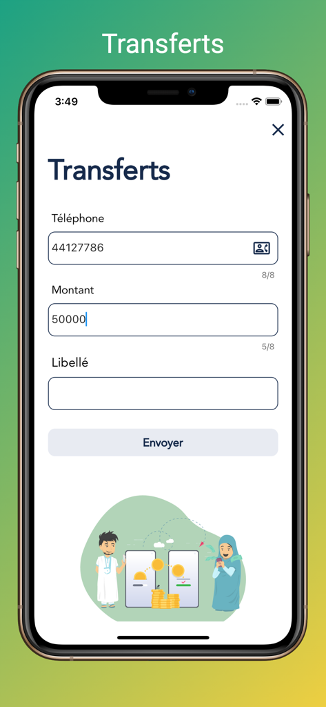 Sedad app money transfer screen with fields for phone number and amount.
