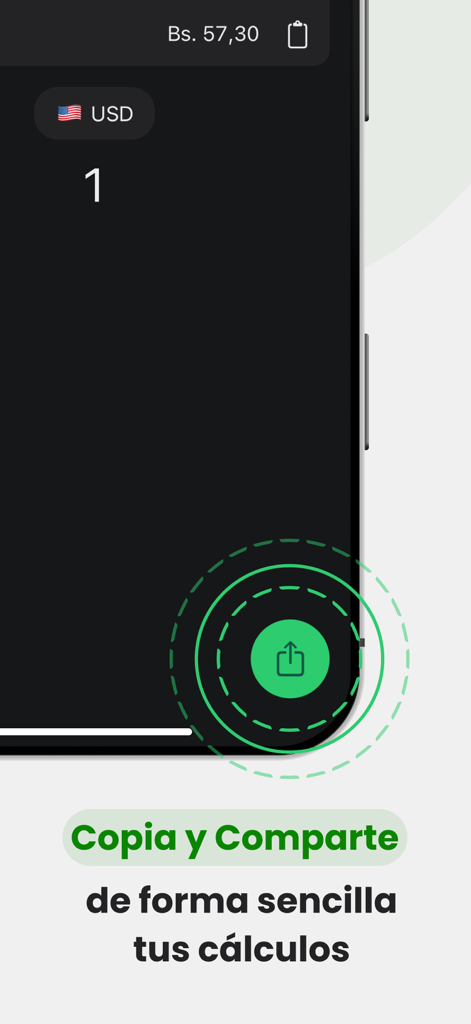 Tasas Venezuela app interface showing USD to Bolivares conversion and a share button for calculations