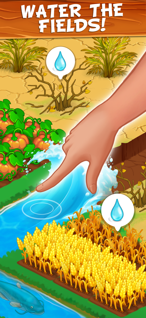Family Farm - Farming Game - Hand watering pumpkins and wheat in a mobile farming simulation game