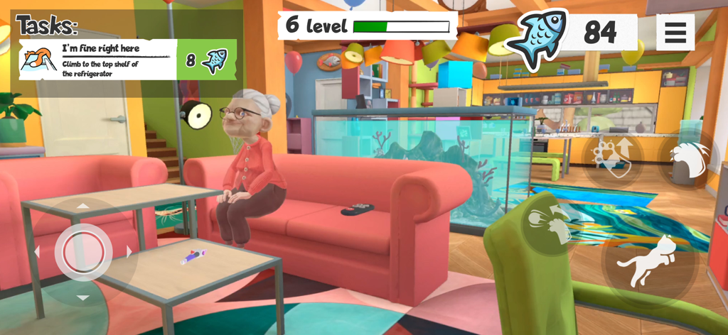 I Am Cat - Gameplay screenshot of I Am Cat showing an elderly woman sitting on a pink sofa in a bright living room with a large aquarium.
