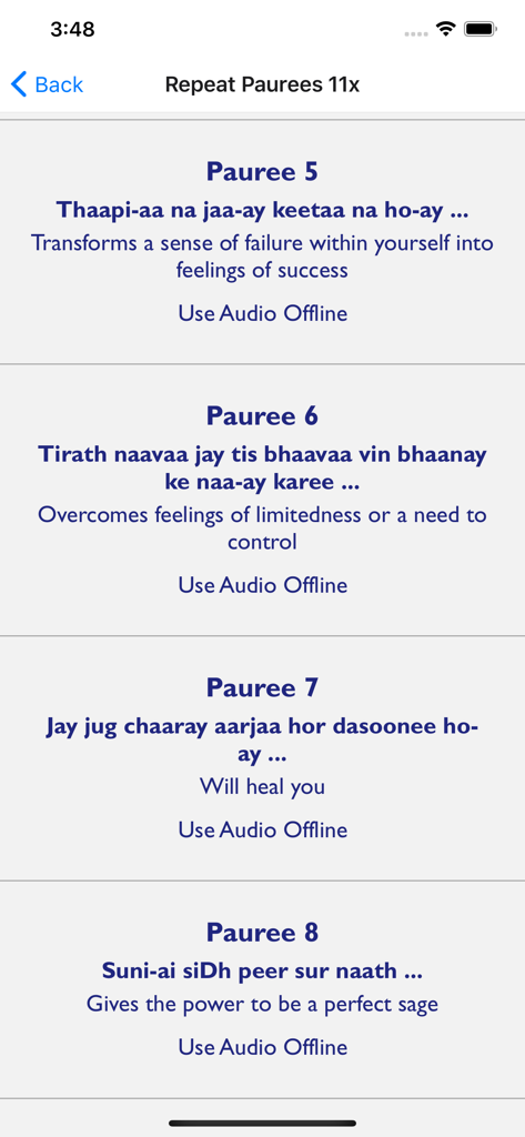 Japji for the Aquarian Age - Une liste de Paurees de l'application Japji montrant les bénéfices spirituels spécifiques et l'option de les répéter onze fois